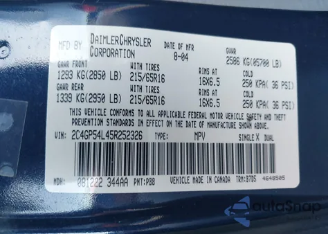 2005 Chrysler Town & Country Touring from USA, damaged, VIN 2C4GP54L45R252326